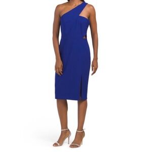Aidan Mattox Blue One Shoulder Crepe Midi Cutout Dress Womens 4 NWOT